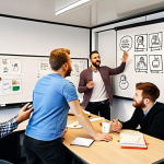 **Prompt:** A lively brainstorming session in a modern office, with diverse team members enthusiastically discussing content ideas on a whiteboard covered with sketches and humorous notes. The atmosphere is creative and energetic, reflecting the importance of originality and humor in social media marketing. Emphasis on relatable office elements and casual attire common in Russian workplaces.