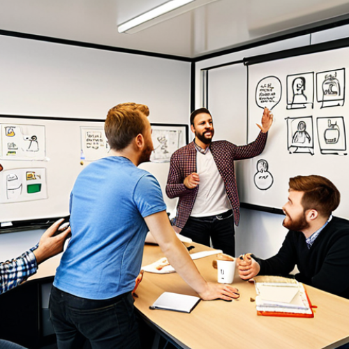 **Prompt:** A lively brainstorming session in a modern office, with diverse team members enthusiastically discussing content ideas on a whiteboard covered with sketches and humorous notes. The atmosphere is creative and energetic, reflecting the importance of originality and humor in social media marketing. Emphasis on relatable office elements and casual attire common in Russian workplaces.