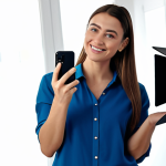 A modern female content creator, fully clothed in modest professional attire, filming a vertical short video with a smartphone in a bright, contemporary home studio. She has a genuine, friendly expression, looking directly at the camera. The background shows tasteful modern decor and soft, natural lighting. Perfect anatomy, correct proportions, natural pose, well-formed hands, proper finger count, natural body proportions. Safe for work, appropriate content, fully clothed, professional, family-friendly, high quality, professional photography.