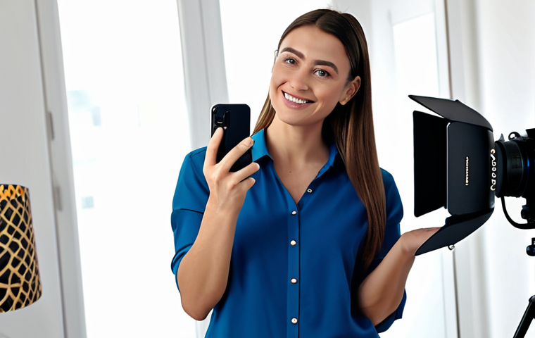 A modern female content creator, fully clothed in modest professional attire, filming a vertical short video with a smartphone in a bright, contemporary home studio. She has a genuine, friendly expression, looking directly at the camera. The background shows tasteful modern decor and soft, natural lighting. Perfect anatomy, correct proportions, natural pose, well-formed hands, proper finger count, natural body proportions. Safe for work, appropriate content, fully clothed, professional, family-friendly, high quality, professional photography.