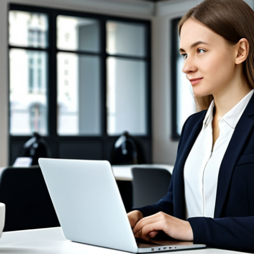 The Modern Moscow Marketer**

A stylish young woman, a marketing professional, working on a laptop in a modern co-working space in Moscow. She is wearing a trendy, yet modest business casual outfit – perhaps a fitted blazer, blouse, and dark trousers.  Background includes blurred images of other professionals working and stylish office décor. Perfect anatomy, correct proportions, well-formed hands, proper finger count, natural pose, professional, fully clothed, appropriate attire, safe for work, family-friendly, high quality, professional photography.

**