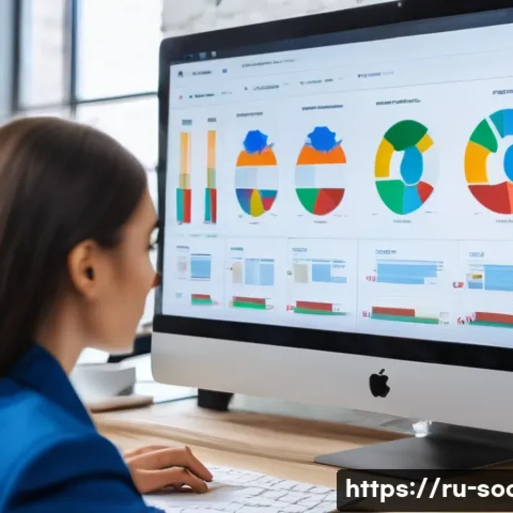 소셜미디어마케터의 윤리적 책임 - A professional social media marketer in a modern Russian office environment, thoughtfully reviewing ...