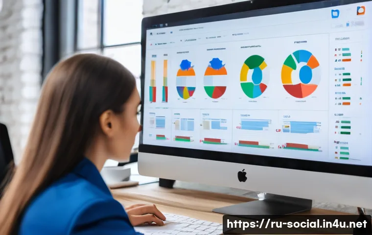 소셜미디어마케터의 윤리적 책임 - A professional social media marketer in a modern Russian office environment, thoughtfully reviewing ...