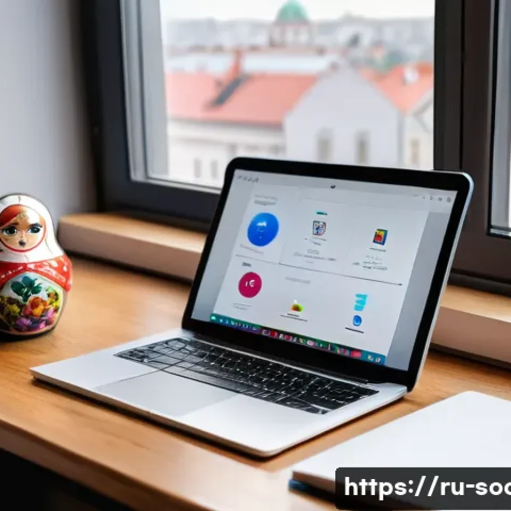 소셜미디어마케터의 하루 - A modern digital marketing professional&rsquo;s workspace in a cozy Moscow apartment, featuring a laptop d...