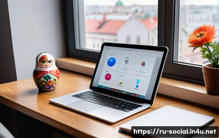 소셜미디어마케터의 하루 - A modern digital marketing professional’s workspace in a cozy Moscow apartment, featuring a laptop d...