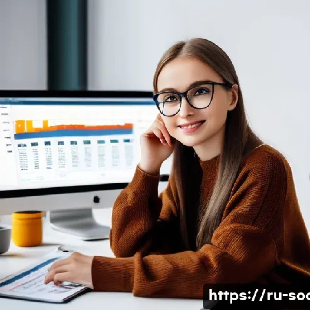 소셜미디어마케팅 자격증 종류 - A modern digital marketing workspace featuring a young Russian professional woman sitting at a desk ...