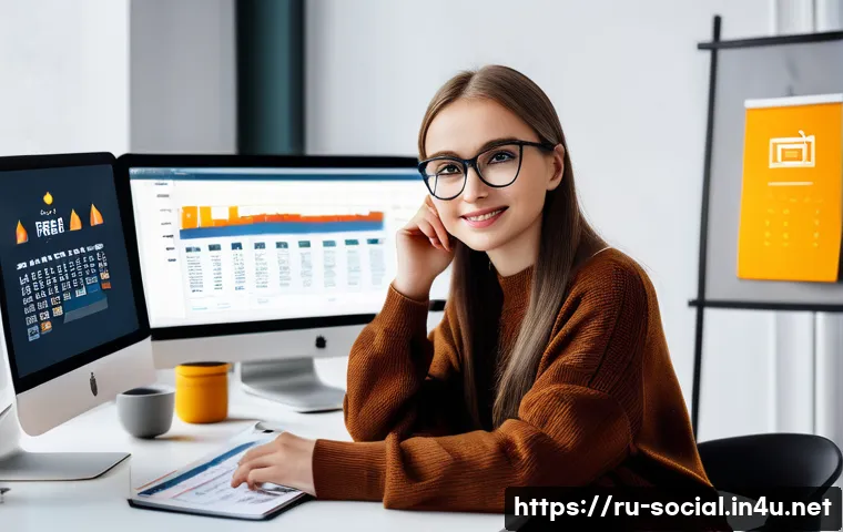 소셜미디어마케팅 자격증 종류 - A modern digital marketing workspace featuring a young Russian professional woman sitting at a desk ...