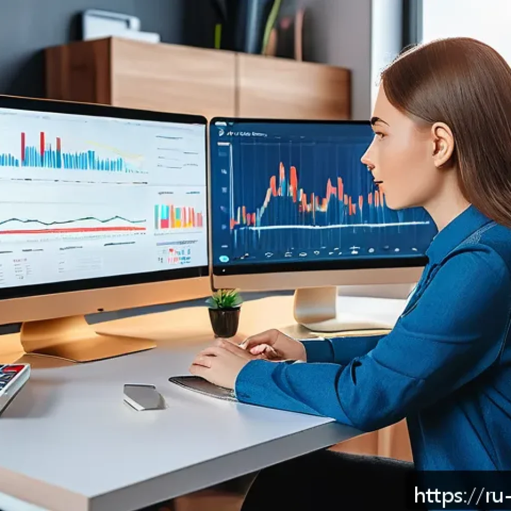 소셜미디어마케팅 전문가 인터뷰 - A modern digital marketing workspace featuring a young Russian social media manager analyzing audien...