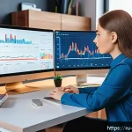 소셜미디어마케팅 전문가 인터뷰 - A modern digital marketing workspace featuring a young Russian social media manager analyzing audien...