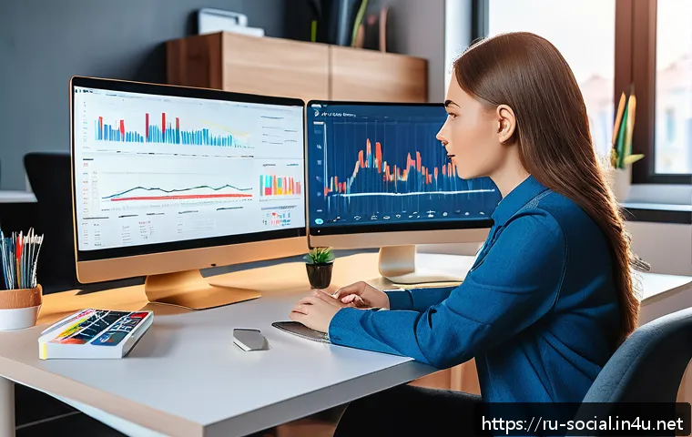 소셜미디어마케팅 전문가 인터뷰 - A modern digital marketing workspace featuring a young Russian social media manager analyzing audien...