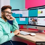 소셜미디어마케팅 업무 노하우 - A vibrant social media workspace scene featuring a young Russian content creator in casual modern cl...