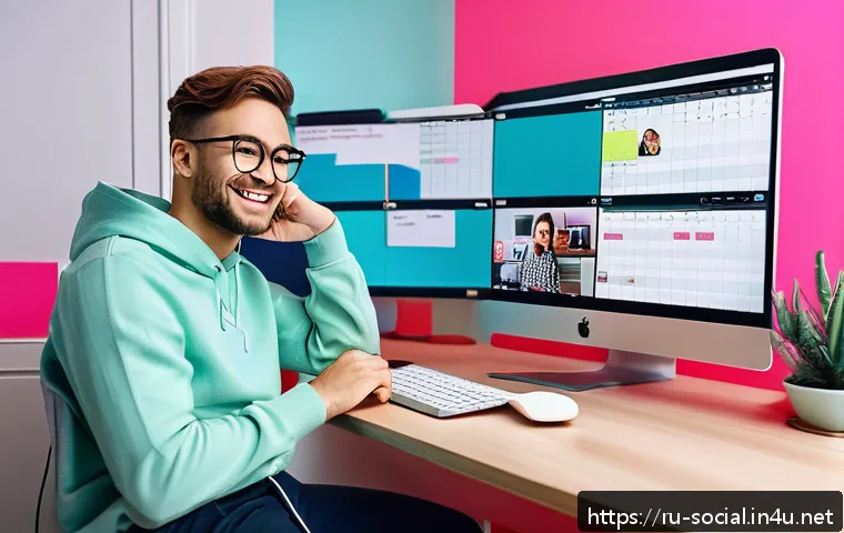 소셜미디어마케팅 업무 노하우 - A vibrant social media workspace scene featuring a young Russian content creator in casual modern cl...