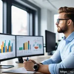소셜미디어마케터를 위한 자기계발 플랜 - A professional social media marketer in a modern office setting, analyzing data on multiple computer...