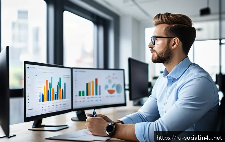 소셜미디어마케터를 위한 자기계발 플랜 - A professional social media marketer in a modern office setting, analyzing data on multiple computer...