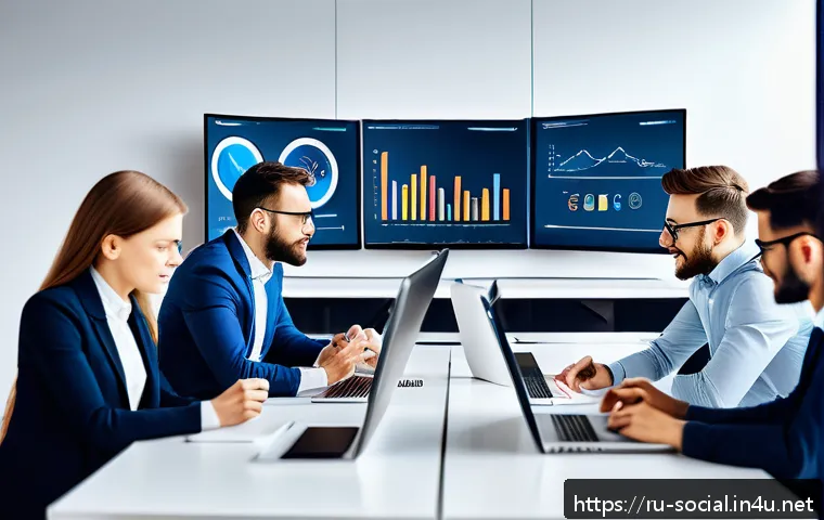 소셜미디어 콘텐츠 성과 측정 - A modern digital marketing office scene featuring a diverse team of young professionals analyzing so...