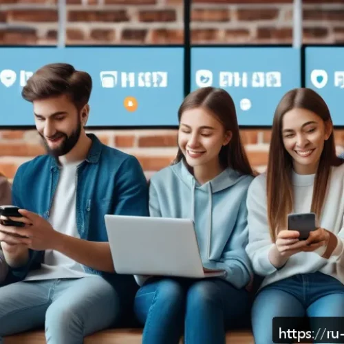 소셜미디어마케팅과 고객 경험 CX  관리 - A lively social media community scene in a modern Russian digital workspace, featuring diverse young...