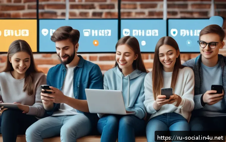 소셜미디어마케팅과 고객 경험 CX  관리 - A lively social media community scene in a modern Russian digital workspace, featuring diverse young...