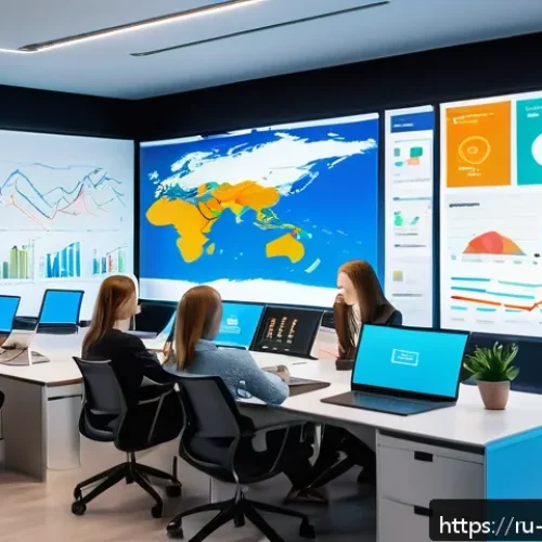 소셜미디어 광고 최적화 방법 - A modern digital marketing office scene showing a diverse team of young Russian professionals analyz...