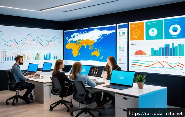 소셜미디어 광고 최적화 방법 - A modern digital marketing office scene showing a diverse team of young Russian professionals analyz...