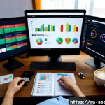 소셜미디어 광고 관리 방법 - Photorealistic overhead view of a Russian social media advertising manager working at a modern desk ...