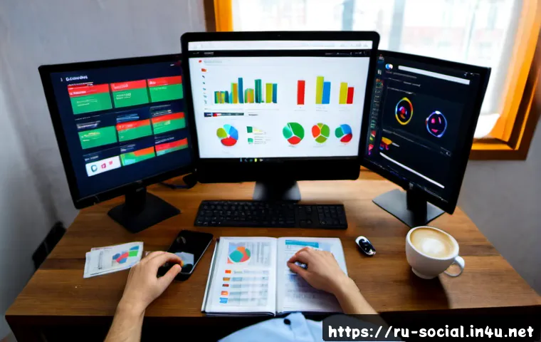 소셜미디어 광고 관리 방법 - Photorealistic overhead view of a Russian social media advertising manager working at a modern desk ...