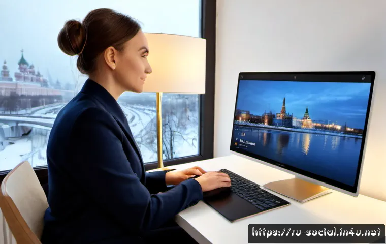 소셜미디어마케터를 위한 AI 활용법 - Photorealistic Russian social media marketer working at a tidy home-office desk in Moscow, reviewing...