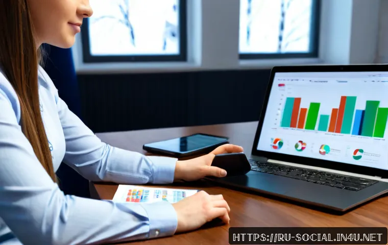소셜미디어마케팅 트렌드 보고서 작성법 - Photorealistic modern marketing analyst in a bright Moscow coworking office, studying social media t...